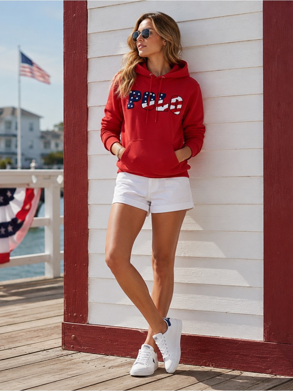 Polo Ralph Lauren USA‎ Flag Chenille Fleece Hoodie Red Small
